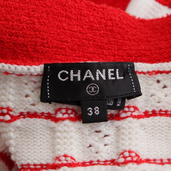 シャネル CHANEL 23SS コットン ラインストーン ビジューボタン 長袖 ニット カーディガン トップス P74152 ホワイト レッド 38  中古 通販 retro レトロ