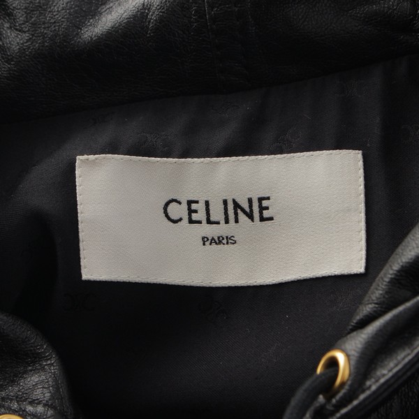 セリーヌ CELINE ラムレザー トリオンフボタン 金ボタン フード トラッカー ライダースジャケット アウター 2EC01303P ブラック 34  中古 通販 retro レトロ