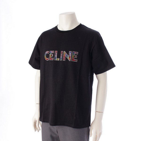 セリーヌ CELINE コットン ロゴ ラインストーン 半袖Ｔシャツ トップス カットソー 2X48F671Q ブラック L 中古 通販 retro  レトロ