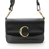 クロエ Chloe レザー Cロゴ スモール ダブルキャリー 2way ゴールド金具 ショルダーバッグ ブラック