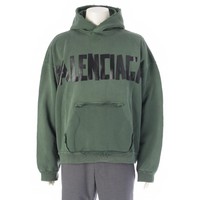 バレンシアガ BALENCIAGA 23SS コットン テープタイプ リップドポケット ダメージ加工 オーバーサイズ フーディー パーカー トップス 744441 グリーン×ブラック M