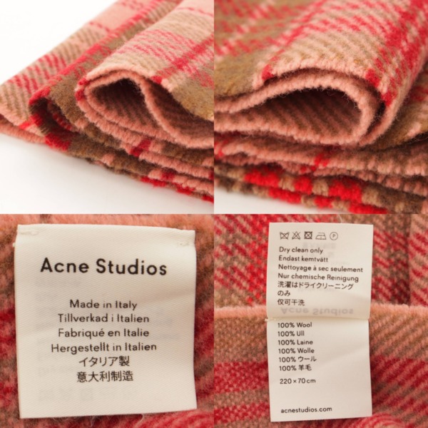 アクネ(Acne) ウール チェック柄 ロゴ 大判 マフラー ストール レッド