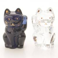 招き猫 2体セット オブジェ クリスタルガラス ガラス工芸品 クリア ブラック