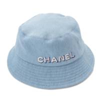 ロゴ スパンコール 刺繍 デニム バケットハット 帽子 ブルー M