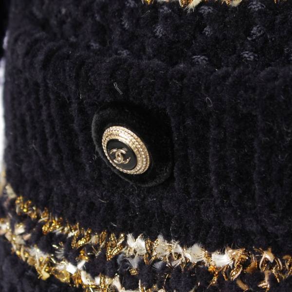 シャネル Chanel チェーン ベルト付き ボーダー ウール ニット コート