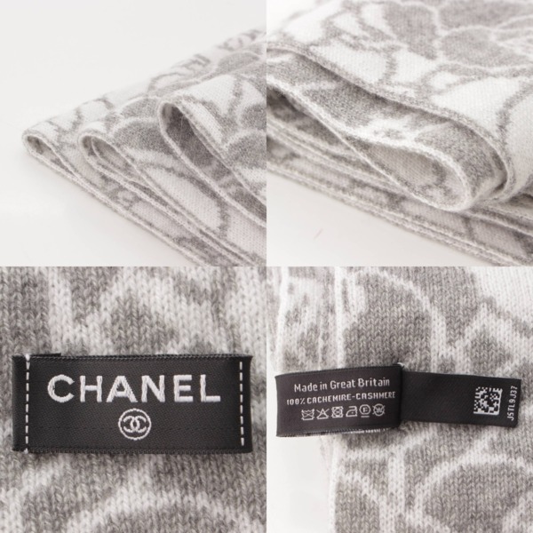 シャネル Chanel 23AW カメリア 花柄 カシミヤ100％ マフラー ストール グレー×ホワイト 中古 通販 retro レトロ