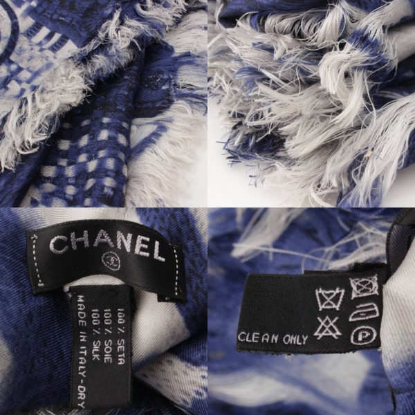 シャネル Chanel シルク ストール 大判 ロゴ ココマーク ツイードプリント フリンジ ブルー 中古 通販 retro レトロ