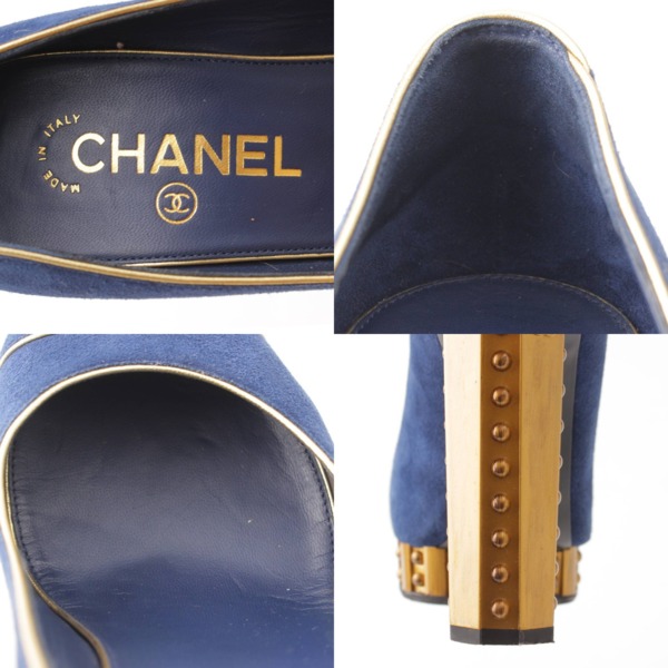 シャネル Chanel 13C ココマーク 厚底 スエード パンプス G28782 ネイビーブルー×ゴールド 中古 通販 retro レトロ
