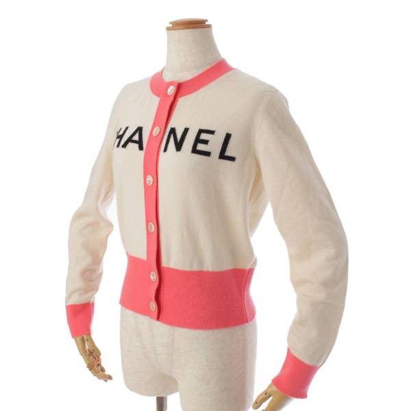 シャネル(Chanel) ロゴ カシミヤ カーディガン P61427 ホワイト×ピンク