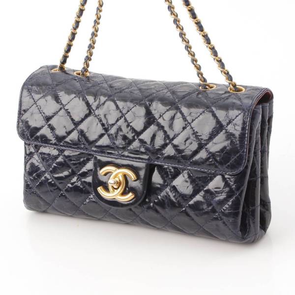 シャネル Chanel 14番台 マトラッセ コーティングレザー Wチェーンショルダーバッグ ネイビー ブルー 中古 通販 retro レトロ