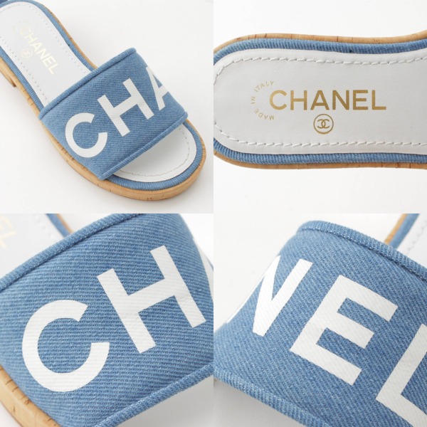 シャネル Chanel 19SS デニム ロゴ コルクソール サンダル ミュール G34876 ブルー×ホワイト 35 1/2 中古 通販 retro  レトロ