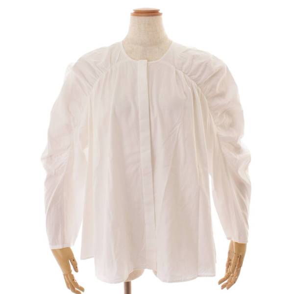 drawer ホワイトストライプフリルノーカラーシャツ