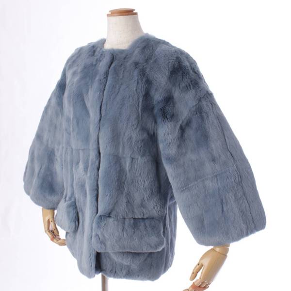 ファッション【¥49,980】ラビットファー ブルー 毛皮コート ノーカラー ...