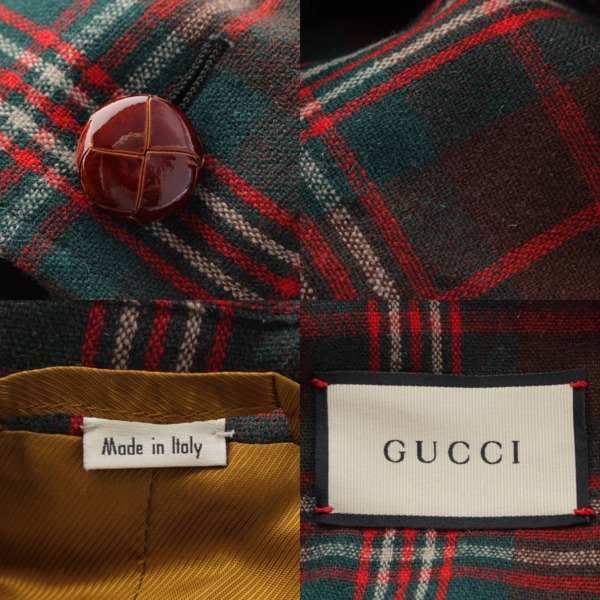 グッチ Gucci ウール くるみボタン チェック コート 604399 グリーン×レッド 44 中古 通販 retro レトロ