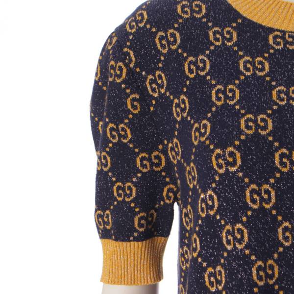 グッチ Gucci 22AW GGジャカード 半袖 ニット ワンピース 692707 ネイビー×イエロー×ラメ M 中古 通販 retro レトロ