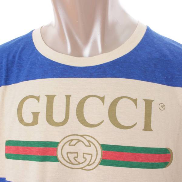 グッチ(Gucci) 20SS ロゴ ボーダー Tシャツ 604176 ブルー ベージュ M