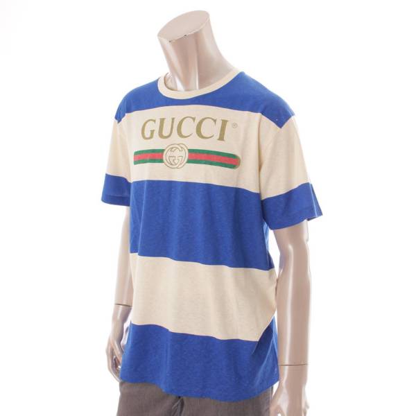 グッチ(Gucci) 20SS ロゴ ボーダー Tシャツ トップス 604176 ブルー