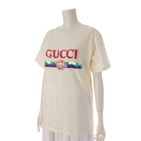 グッチ Gucci スパンコール ロゴ 半袖 コットン Tシャツ カットソー 492347 アイボリー XS 中古 通販 retro レトロ