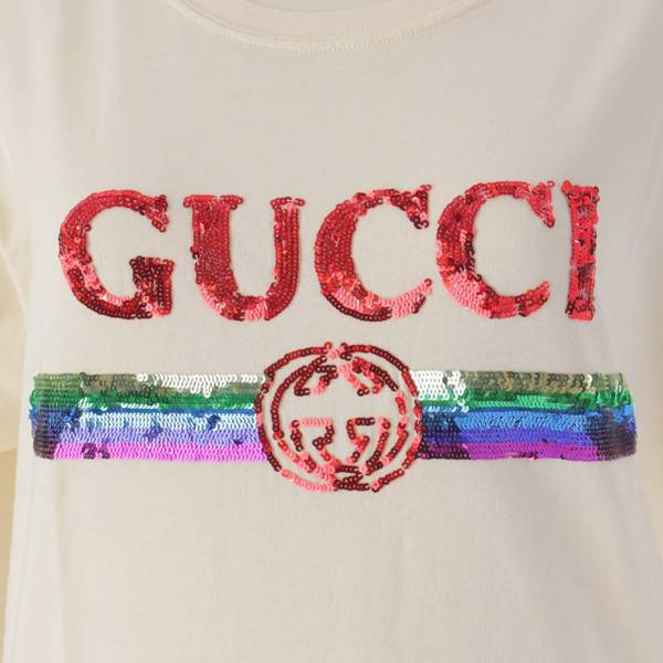 グッチ Gucci スパンコール ロゴ 半袖 コットン Tシャツ カットソー 492347 アイボリー XS 中古 通販 retro レトロ