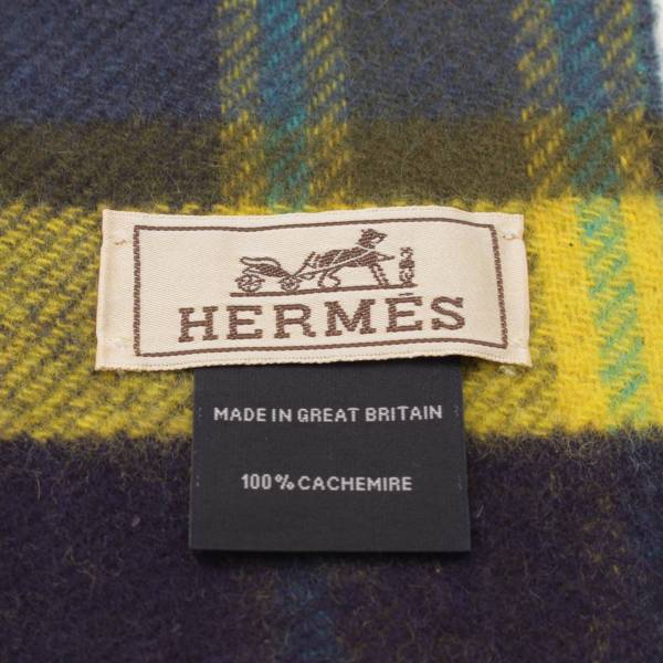 エルメス(Hermes) カシミヤ100% 馬蹄 チェック フリンジ マフラー