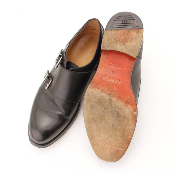 美品 エルメス HERMES レザーシューズ ダブルモンクストラップシューズ ビジネスシューズ カーフレザー 革靴 メンズ 40.5(25.5cm相当) ブラック