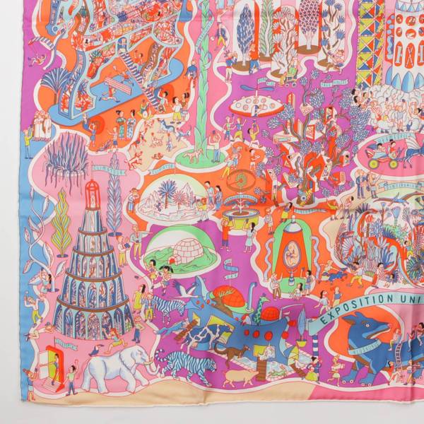 エルメス カレ90 スカーフ EXPOSITION UNIVERSELLE 万国博覧会 ホワイト ピンク シルク100％