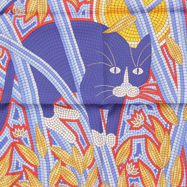 エルメス(Hermes) カレ90 シルクスカーフ CAVE FELEM 猫に注意 ブルー 