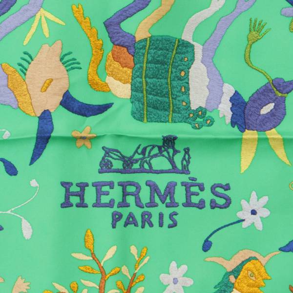 エルメス(Hermes) カレ90 シルクスカーフ Din Tini Ya Zue 人間と自然の出会い ブルー×グリーン 中古 通販 retro レトロ