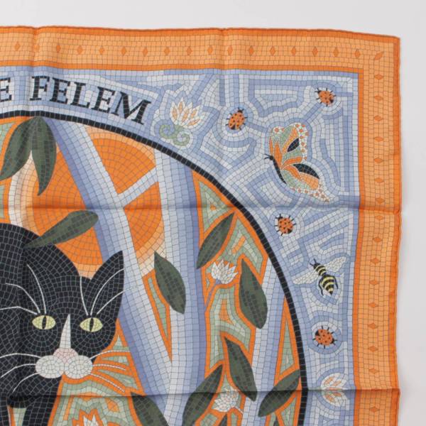 エルメス Hermes カレ90 シルクスカーフ CAVE FELEM 猫に注意 オレンジ 中古 通販 retro レトロ