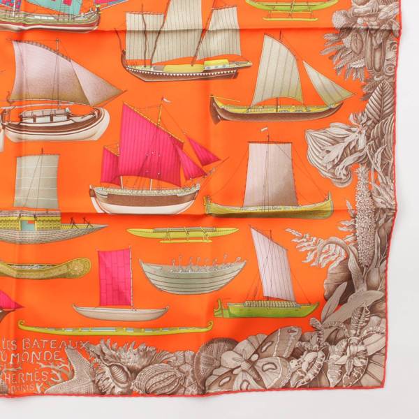 エルメス Hermes カレ90 Tous Les Bateaux du Monde 世界の帆船 シルクスカーフ オレンジ 中古 通販 retro  レトロ