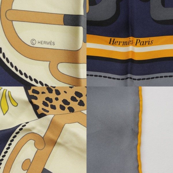 エルメス Hermes カレウォッシュ90 LES LEOPARDS MODERNES シルクスカーフ ネイビー×イエロー 中古 通販 retro  レトロ