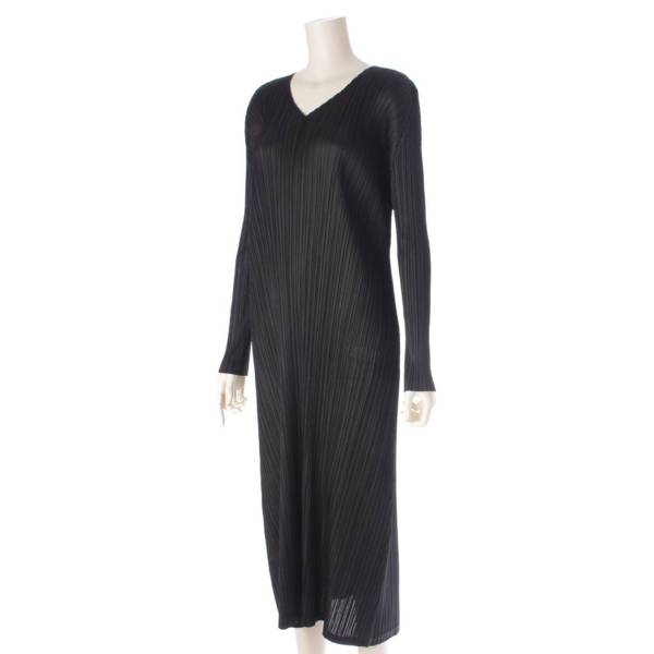 イッセイミヤケ Issey miyake 23AW プリーツ Vネック 長袖 ロング ワンピース ドレス PP33JH167 ブラック 5 中古 通販  retro レトロ