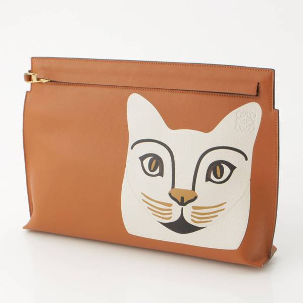 ロエベ(Loewe) Tポーチ アナグラム キャットモチーフ レザー クラッチバッグ 猫 ブラウン 中古 通販 retro レトロ