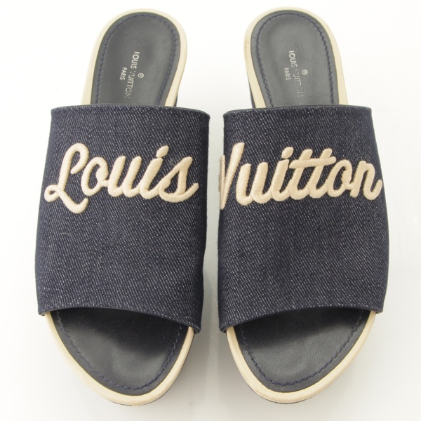 ルイヴィトン(Louis Vuitton) デニム ロゴ刺繍 厚底 サンダル ミュール 