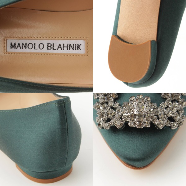 マノロブラニク(Manolo Blahnik) Hangisi ハンギシ ビジュー サテン フラット パンプス グリーン 37 1/2 中古 通販  retro レトロ