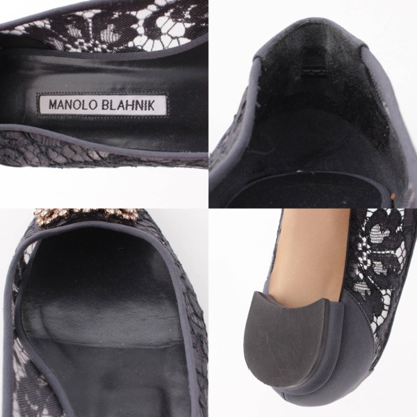 マノロブラニク Manolo Blahnik ハンギシ ビジュー サテン レース パンプス グレー 37 1/2 中古 通販 retro レトロ