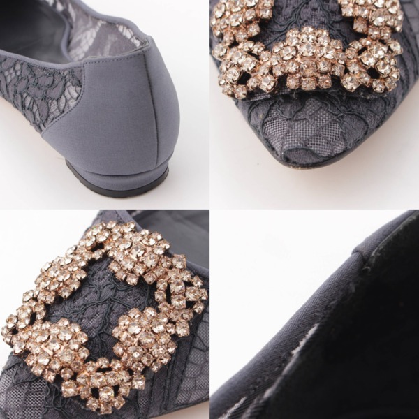 マノロブラニク Manolo Blahnik ハンギシ ビジュー サテン レース パンプス グレー 37 1/2 中古 通販 retro レトロ