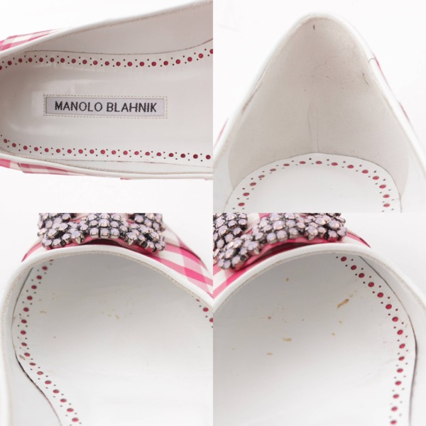 マノロブラニク Manolo Blahnik ハンギシ ビジュー チェック ドット柄 パンプス ピンク レッド 36 1/2 中古 通販 retro  レトロ