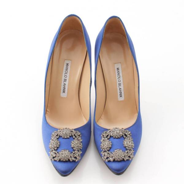 マノロブラニク Manolo Blahnik ハンギシ サテン ビジューバックル ポインテッドトゥ ヒール パンプス ブルー 371/2 中古 通販  retro レトロ