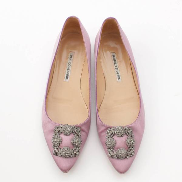 マノロブラニク Manolo Blahnik ハンギシ ビジュー ポインテッドトゥ サテン フラット パンプス パープル 38 1/2 中古 通販  retro レトロ