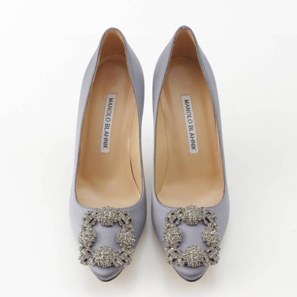 マノロブラニク Manolo Blahnik ハンギシ サテン ビジューバックル パンプス ヒール ブルーグレー 34 1/2 中古 通販 retro  レトロ