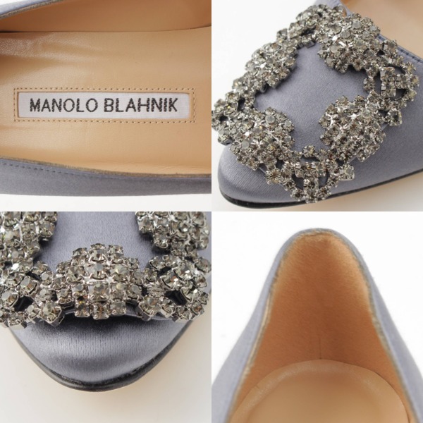 マノロブラニク Manolo Blahnik ハンギシ サテン ビジューバックル パンプス ヒール ブルーグレー 34 1/2 中古 通販 retro  レトロ