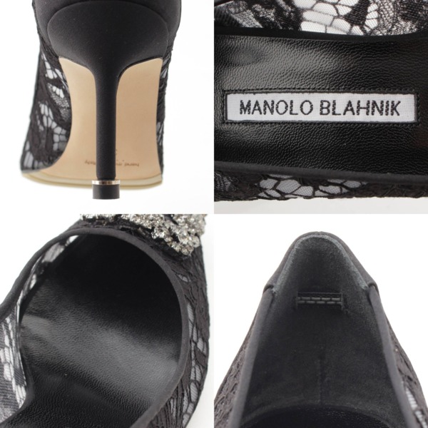 マノロブラニク Manolo Blahnik ハンギシ ビジュー サテン レース ポインテッドトゥ ヒールパンプス ブラック 37 中古 通販  retro レトロ