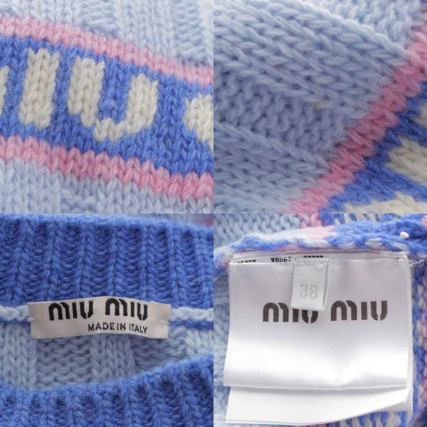 ミュウミュウ Miu Miu 21年 ロゴ ジャガード ボーダー 長袖 ニット セーター MML427 ブルー 38 中古 通販 retro レトロ