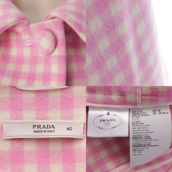 プラダ Prada 16年 ウール ギンガムチェック ロングコート ピンク 40