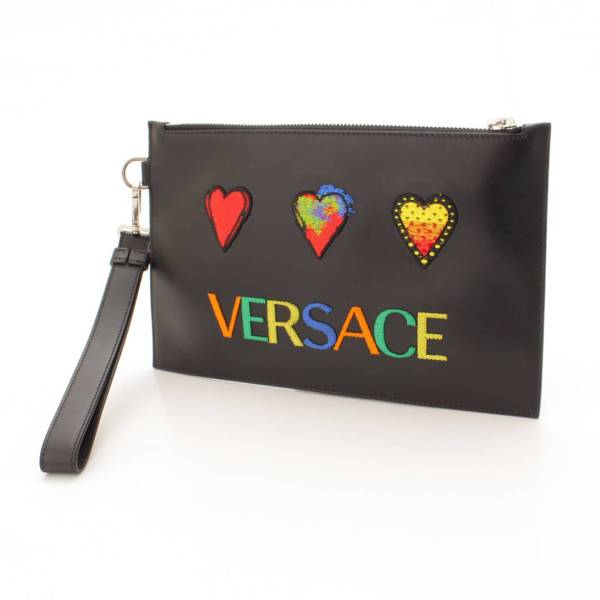 ヴェルサーチ(Versace) ハート ロゴ 刺繍 レザー クラッチバッグ