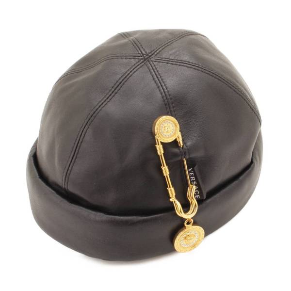 ヴェルサーチ(Versace) メンズ レザー ドッカーハット 帽子 ブラック