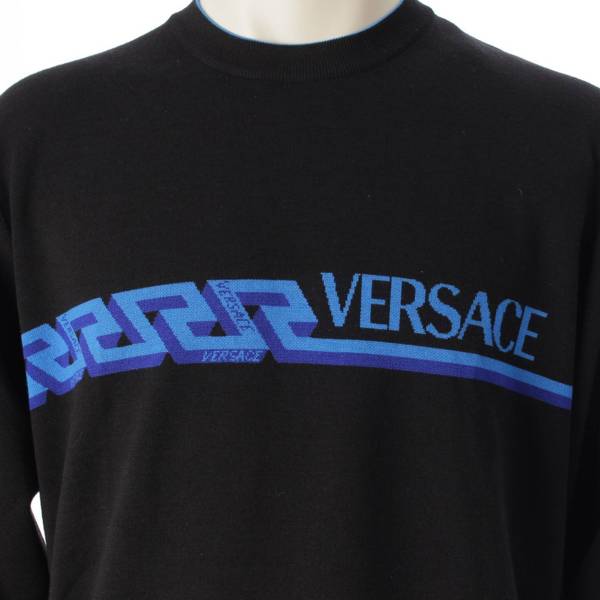 ヴェルサーチ Versace メンズ グレカ ウール 長袖 ニット セーター トップス 1003703 ブラック×ブルー 48 中古 通販 retro  レトロ